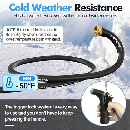 SPECILITE 3/4" Hot/Cold Garden Hose 150 ft with Industrial High Pressure Nozzle, Flexible & Lightweight, 600psi Burst Rubber Water hose -50℉-158℉ With 3/4" Brass Fittings for Yard, Black