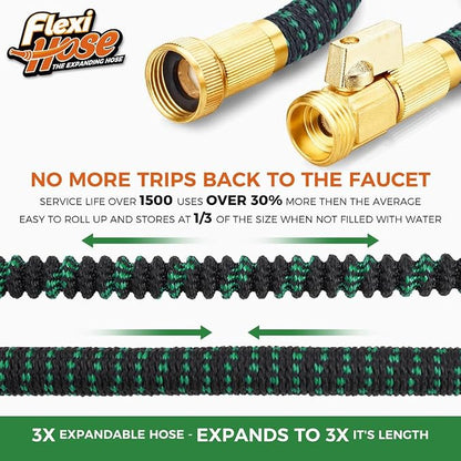 Flexi Hose with 8 Function Nozzle, 75FT - Lightweight Expandable Garden Hose, No-Kink Flexibility, 3/4 Inch Solid Brass Fittings and Double Latex Core - Black and Green