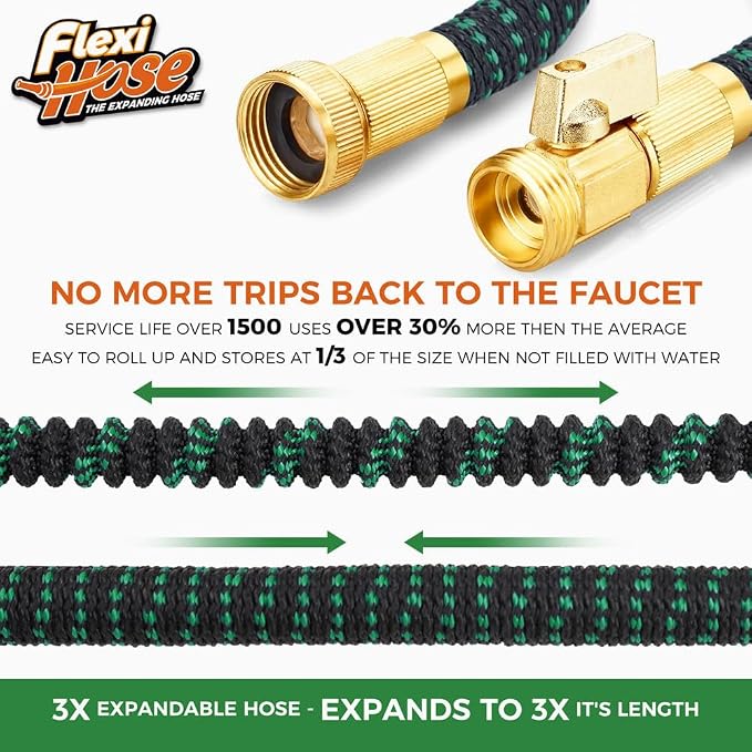 Flexi Hose with 8 Function Nozzle, 150FT - Lightweight Expandable Garden Hose, No-Kink Flexibility, 3/4 Inch Solid Brass Fittings and Double Latex Core - Black and Green