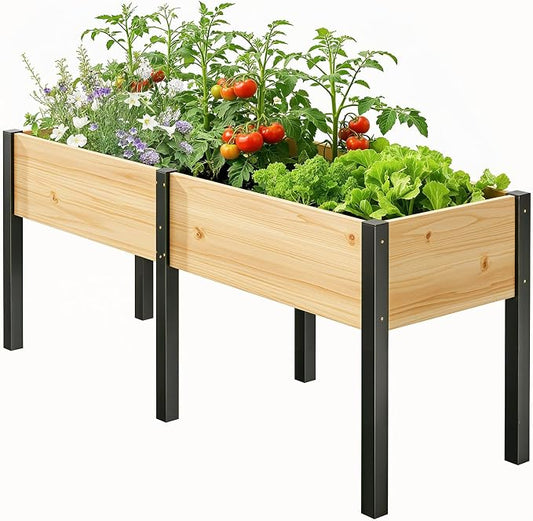 SUNYRISY Dual Wooden Raised Garden Bed Outdoor with Metal Legs for Gardening, 71" L x 23.6" W x 31.5" Elevated Planter Garden Box Raised Bed for Vegetable Flower Herb