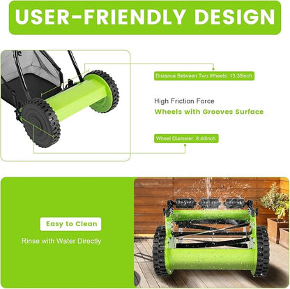 Manual Reel Push Mower, Push Lawn Mowers Manual with Grass Catcher, Push Reel Lawn Mower 12 Inch 5-Blade, Adjustable Cutting Height