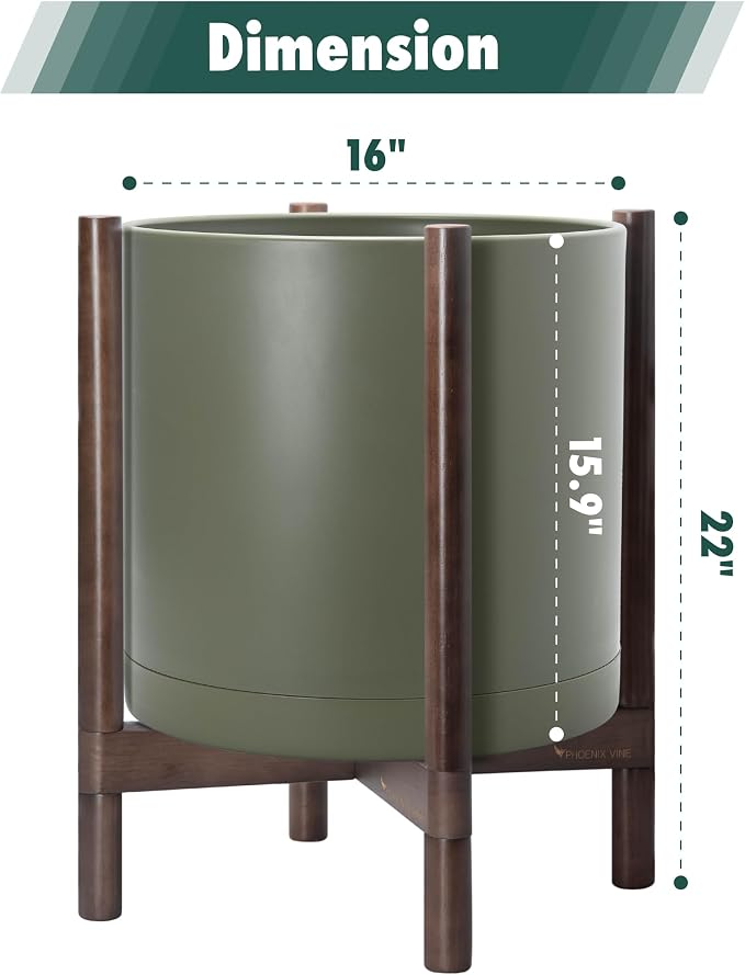 D'vine Dev Plastic Pot with Walnut Wood Stand, Olive, 16 in, 55-C-X-3 | Mid-Century Inspired Design, Elevated Plant Display, Clean Lines, Sturdy Support, Modern Space-Saving Style