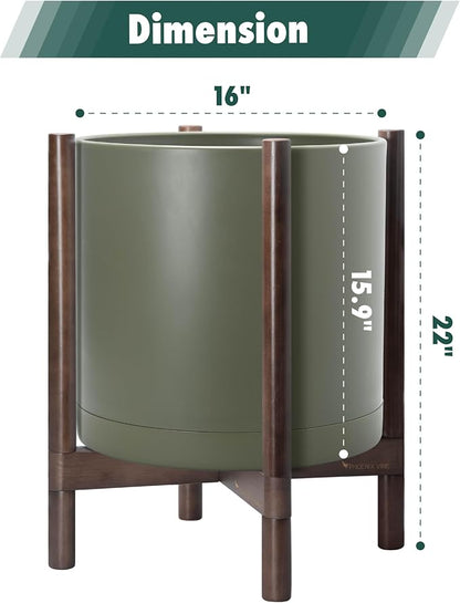 D'vine Dev Plastic Pot with Walnut Wood Stand, Olive, 16 in, 55-C-X-3 | Mid-Century Inspired Design, Elevated Plant Display, Clean Lines, Sturdy Support, Modern Space-Saving Style