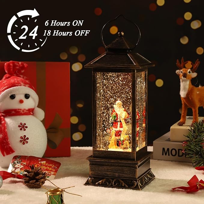 Rotating Santa Musical Snow Globe Lantern, Xmas Decor, 8 Xmas Songs &Timer | sparkling water under lights, 8 festive songs & auto timer. Perfect indoor Christmas decor for home/party celebrations