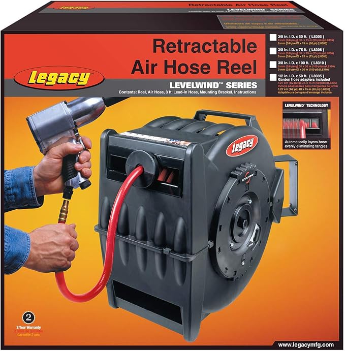 Legacy Levelwind Retractable Air Hose Reel, 3/8 in. x 100 ft., PVC - L8310