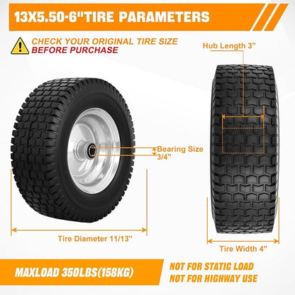 Yesker 13x5.00-6 Flat Free Lawn Mower Tire and Wheel Assembly with 3/4" Bearing Bore, 13x5-6nhs Solid Riding Lawnmower Tires with 3" Center Hub, 2 Pack