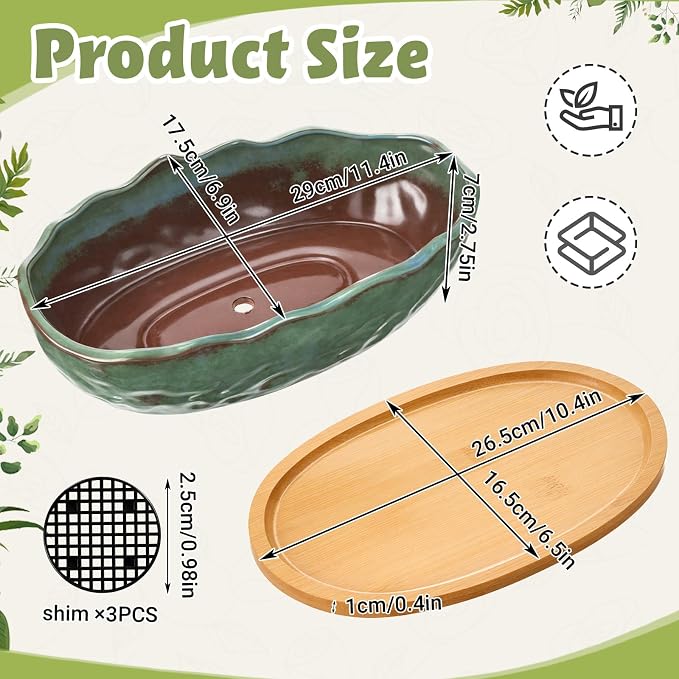 Succulent Pot 11 Inch Large Succulent Planters with Drainage Ceramic Bonsai Pot with Bamboo Tray Round Shallow Planter for Indoor Cactus Flower Planter Window Box for Home Garden Decor (Green)
