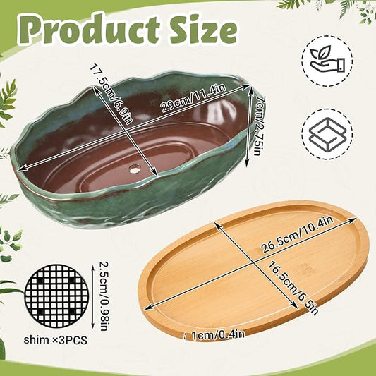 Succulent Pot 11 Inch Large Succulent Planters with Drainage Ceramic Bonsai Pot with Bamboo Tray Round Shallow Planter for Indoor Cactus Flower Planter Window Box for Home Garden Decor (Green)
