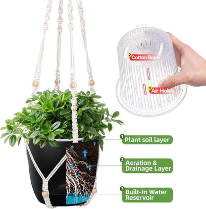 QCQHDU 2-Pack 5.7-Inch Macrame Self-Watering Hanging Planters, Pure Black | Small Plant Pots, Indoor & Outdoor, With Drainage, Two Sets of Hooks