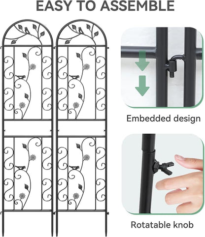 2-Pack 87" x 20" Daisy & Bird Arch Black Metal Garden Trellises | Set of 2 rust-resistant metal trellises with bird, daisy, and scrollwork details, spikes, and support for climbing plants