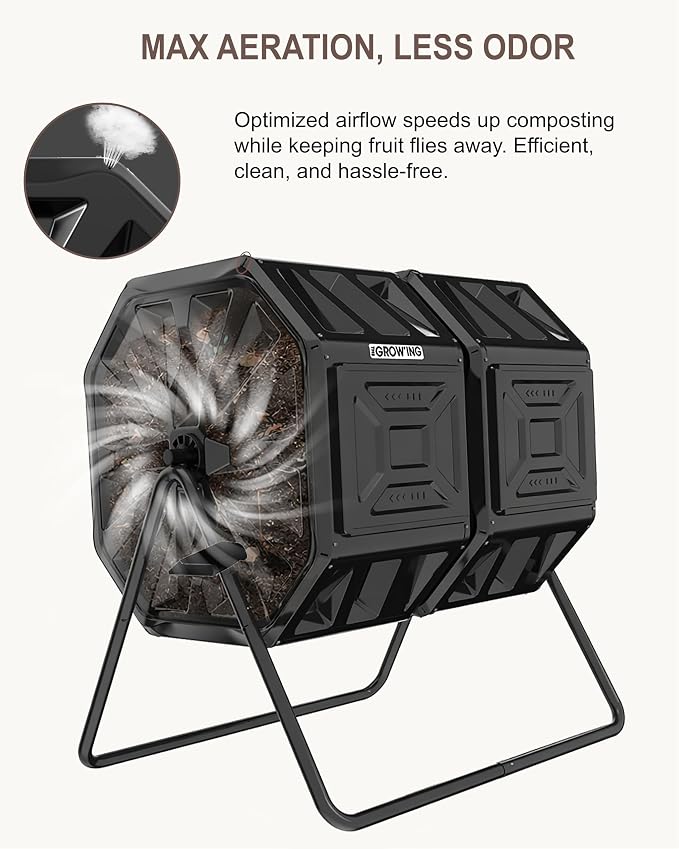 THE Growing 53 Gallon Large Outdoor Compost Bin Tumbler Barrel, Black | Dual 26.5gal heat-absorbing chambers for bulk waste. Reinforced frame adds stability. Easy outdoor bolt frame assembly.
