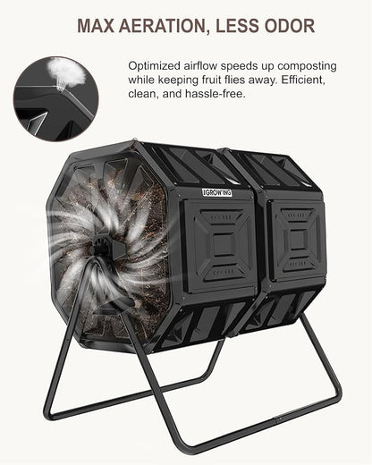 THE Growing 53 Gallon Large Outdoor Compost Bin Tumbler Barrel, Black | Dual 26.5gal heat-absorbing chambers for bulk waste. Reinforced frame adds stability. Easy outdoor bolt frame assembly.