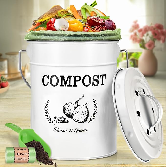 AOSION 1 Gallon Countertop Compost Bin for Kitchen with Lid,Odor Resistant | Farmhouse compost bin with charcoal filter,inner bucket and bags,easy kitchen food waste storage