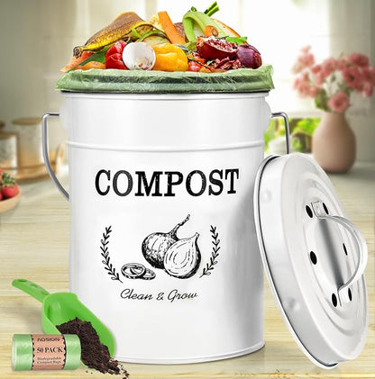 AOSION 1 Gallon Countertop Compost Bin for Kitchen with Lid,Odor Resistant | Farmhouse compost bin with charcoal filter,inner bucket and bags,easy kitchen food waste storage