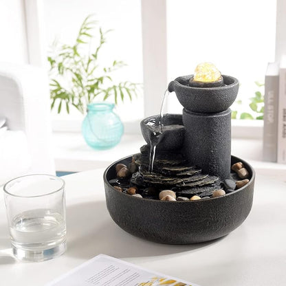 GOSSI Tabletop Water Fountain 2-Tier Indoor Waterfall Fountain with LED Light, Cobblestone & Glass Rolling Ball, Soothing Meditation Sounds for Office & Home Decor