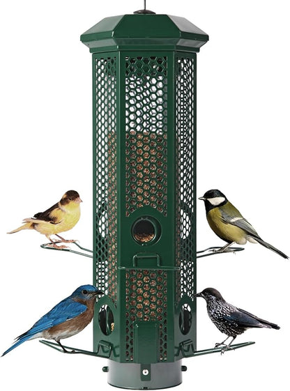 Squirrel Proof Bird Feeders with Removable Base, Metal Wild Bird Feeder for Outdoors Hanging, 6 Weight-Activated Ports Perches, 3LB Seed Capacity(Green)