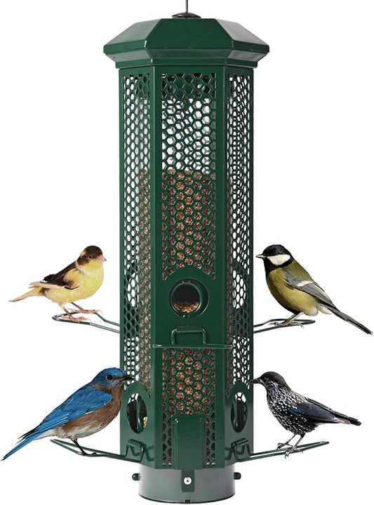 Squirrel Proof Bird Feeders with Removable Base, Metal Wild Bird Feeder for Outdoors Hanging, 6 Weight-Activated Ports Perches, 3LB Seed Capacity(Green)