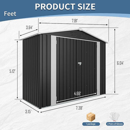 YOPTO 8X4 FT Metal Outdoor Storage Shed W/Lockable Latch,Black | Air Vent,Double‑Hinged Door,Sloped Roof,Reinforced Structure,All Weather Waterproof for Garden,Patio,Backyard,Lawn