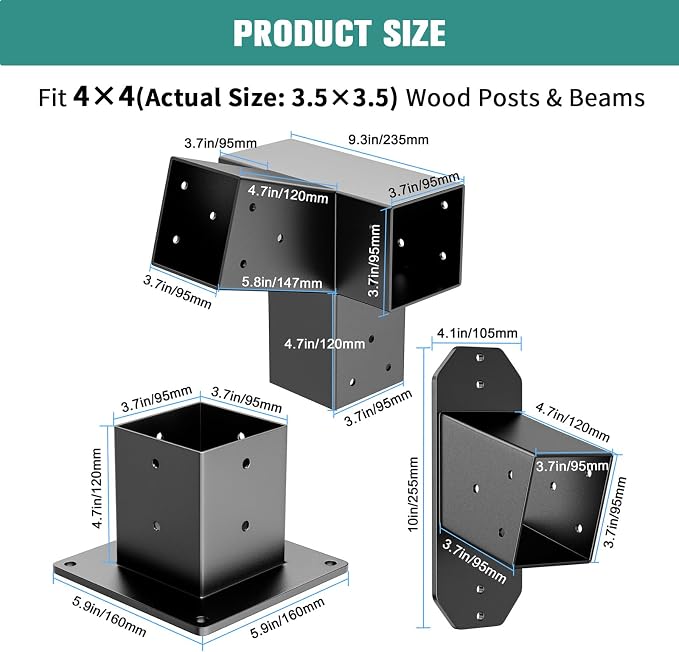 15° Wall Pergola Kits - Stainless Steel 15 Degrees Wall Mounts for 4x4 Posts(Actual 3.5" X 3.5"), Angled Pergola Construction Bracket Kit(a 4-Way,1 wall-Bracket,1 Post-Base)