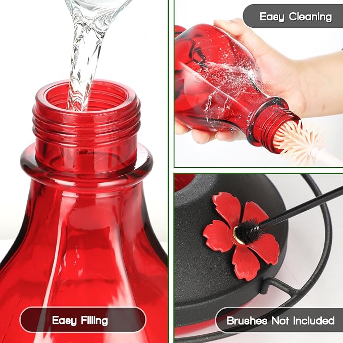Glass Hummingbird Feeders for Outdoors Hanging, 24oz Wild Bird Nectar Feeder with Ant Moat and 360° Perch, Bee-Resistant Ports,Outside Garden Decor,Colorful Gifts for Women Mom, 1 Pack, Red