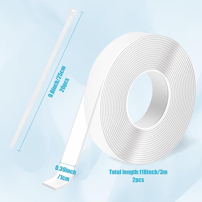 Ties and Tapes for Bird Spikes - 20PCS Plastics Zip Tie & 2PCS 3M Nano Adhesive Mounting Tape for Outdoor Use, Ideal for Keep Pigeons Cat Animal Away Plastic Spikes Bundling Fastening