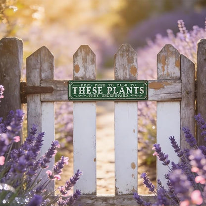 Funny Garden Metal Tin Sign, Rustic Farmhouse Decor, Feel Free to Talk to These Plants, Garden Wall Art for Yard Fence Door Porch, Indoor Outdoor Gardening Decoration, 15.7 x 3.9 Inches