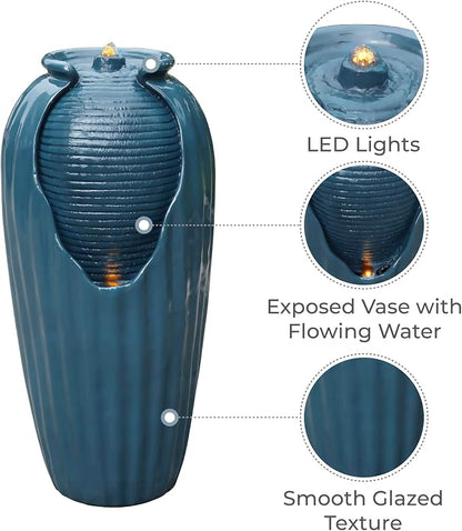 Teamson Home 32 in. Outdoor Contemporary Glazed Contoured Vase Water Fountain with LED Lights to Create a Calming Oasis in Gardens and Landscaping, on Patios, Balconies, Lawns, Teal Blue | Freestanding Floor Feature, Built-In LED Light, Glossy Teal Blu...