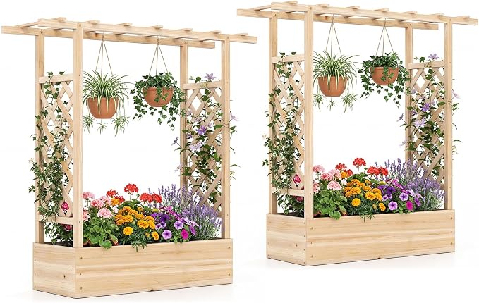 Giantex Wooden Raised Garden Bed with Trellis & Hanging Roof, 2 Pack Fir Wood Planter Box, 45" Freestanding Elevated Garden Bed for Outdoor Climbing Plants Vegetables Flowers, Patio & Balcony, Natural