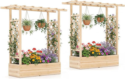 Giantex Wooden Raised Garden Bed with Trellis & Hanging Roof, 2 Pack Fir Wood Planter Box, 45" Freestanding Elevated Garden Bed for Outdoor Climbing Plants Vegetables Flowers, Patio & Balcony, Natural