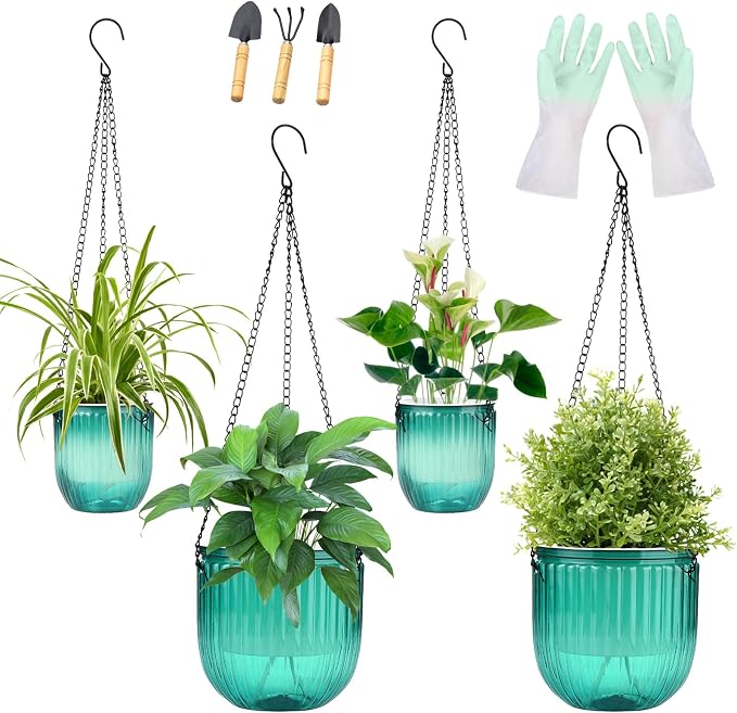 4 Pack Self Watering Hanging Planters with Drainage Holes –Hanging planters for Indoor Plants, Flowers, Succulents – Lightweight, Durable Hanging Baskets Green