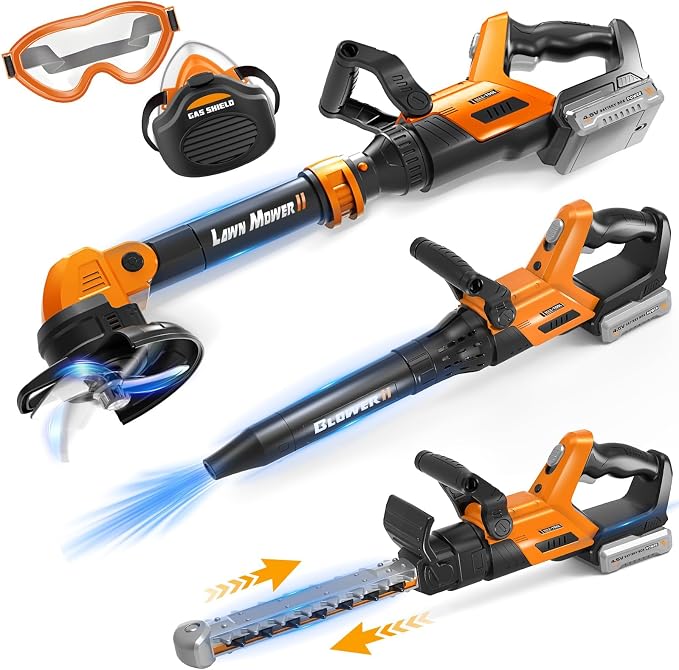 Kids Tool Set, 3-IN-1 Toddler Power Garden Tools with Lights and Sounds, Toy Weed Wacker, Toy Leaf Blower, Hedge Trimmer, Yard Tools Outdoor toys for Boys, Birthday Gifts for Kids Ages 3 4 5 6 7 8+