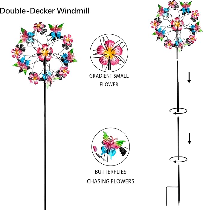 38" Double Blade Butterfly Wind Spinners Outdoor, Colorful Butterflies Kinetic Outdoor Decor for Patio, Lawn & Garden Decor