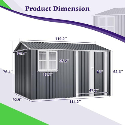 PVWIIK 10x8 FT Large Outdoor Metal Storage Shed, Heavy Duty Waterproof Steel Garden Tool Shed with Lockable Doors, Utility Storage Building for Backyard Patio Lawn Garden, Dark Gray
