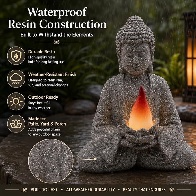 olar Garden Buddha Statue with Lotus Flame Light, Zen Resin Outdoor Decorations for Patio Yard Lawn Porch, Meditation Garden Decor Gifts for Housewarming Mom Women