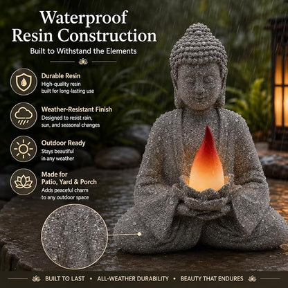 olar Garden Buddha Statue with Lotus Flame Light, Zen Resin Outdoor Decorations for Patio Yard Lawn Porch, Meditation Garden Decor Gifts for Housewarming Mom Women
