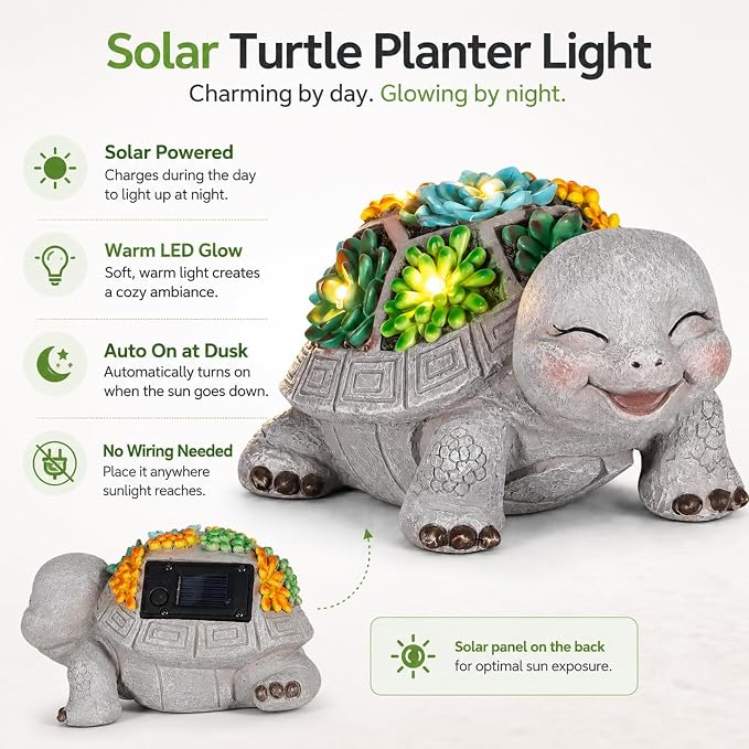 mocosa Solar Garden Statues Turtle and LED Lights Birthday Gifts for Women Mom Grandma Solar Outdoor Cat Decor for Outside,Outdoor Solar Lights for Yard, Garden and Patio, Unique Gift for Women