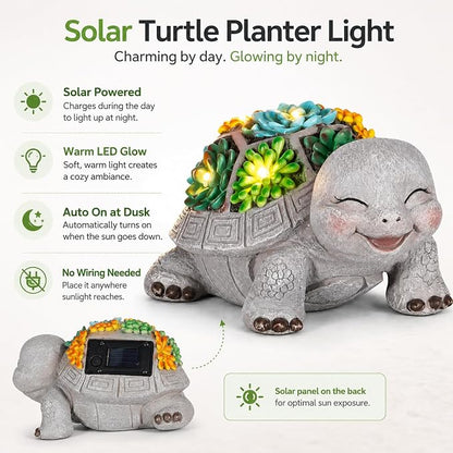 mocosa Solar Garden Statues Turtle and LED Lights Birthday Gifts for Women Mom Grandma Solar Outdoor Cat Decor for Outside,Outdoor Solar Lights for Yard, Garden and Patio, Unique Gift for Women