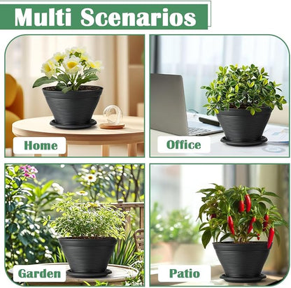 RooTrimmer 8 Inch Plastic Plant Pots with Saucers 8 Pack, Flower Pots with Drainage Holes, Sturdy Planter Pots for Indoor Outdoor, Modern Decorative Gardening Pots for Planting House Plants, Black