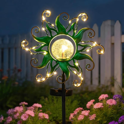 Solar Garden Lights Outdoor, Green Metal Sun Stake with 30 LED Waterproof Vine String Crackle Glass Spring Decor for Patio,Yardr,Lawn Gardening Birthday Gifts