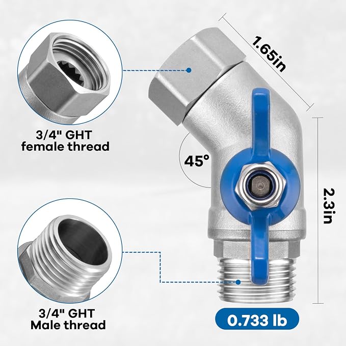Heavy Duty 304 Stainless Steel 45 Degree Hose Elbow Connector, 3/4" GHT 45 Degree Garden Hose Elbow with Shut-Off Valve for Backyard, Garden Hoses, Outdoor Faucets, RVs(2 Packs)