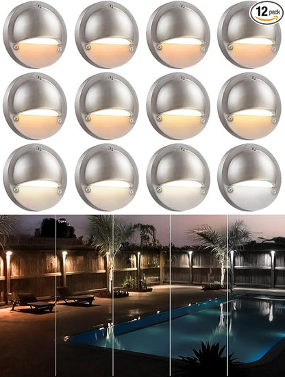 LEONLITE 12-Pack 5CCT 3.74inch Low Voltage LED Deck Light, Satin Nickel | 180LM, 12-24V AC/DC, CRI90, UL Listed, Die-cast Aluminum Housing, Frosted Glass Lens, 1800K/2700K/3000K/4000K/5000K