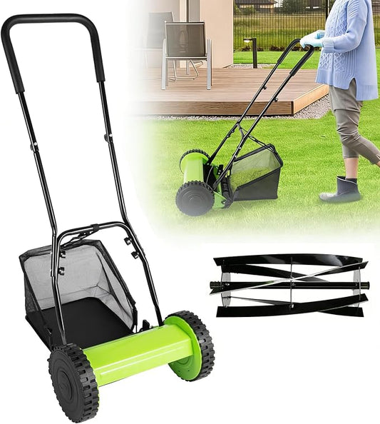 12" Push Reel Lawn Mower, 0.67-1.3 in Adjustable Cutting Height | 6-Gallon Collection Bag, 5 Blade Manual Lawn Mower, Walk-Behind Lawn Mowers for Yard, Garden