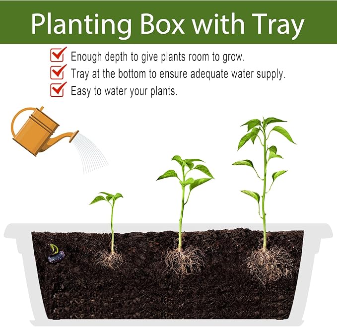 HOXHA 6 Pack Window Box Planter, 17 Inches Vegetable Flower Plastic Planter Boxes with Tray, Rectangular Planter Indoor and Outdoor Flower Pots for Windowsill, Patio, Porch, Garden Balcony, White