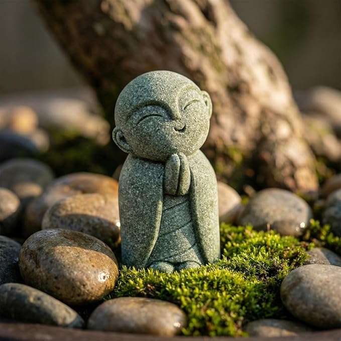 Jizo Statue, Little Monk Buddha Figurines for Zen Garden and Aquarium, Natural Sandstone Sculpture with Tilt Smile, Meditation Decor for Home Office Desk, Grey (Jizo Monk)