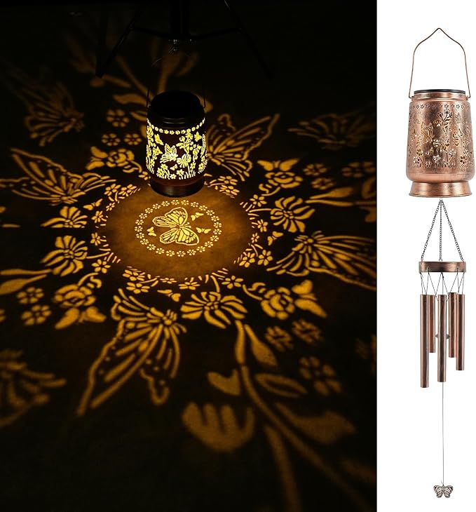 Solar Wind Chimes for Outside 41”, Butterfly Memorial Wind Chimes with Solar Lantern, Metal Hanging Garden Decor, Sympathy Gifts for Mom Grandma Women, Patio Porch Yard