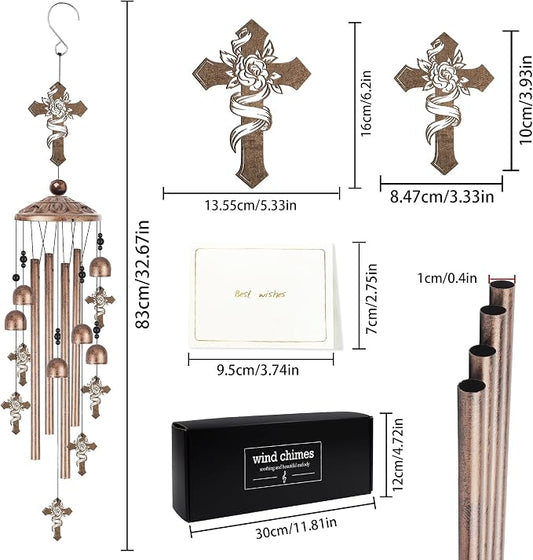 Memorial Wind Chimes for Outside, Cross Windchimes with Rose Design, Sympathy Gifts for Loss of Loved One Bereavement Garden Decor