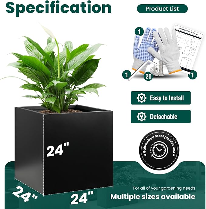 Galvanized Steel Planter Box Black Metal Planter 24Inch Large Square Indoor Outdoor Planters Cube Steel Heavy Duty Planter Powder Coating Modern Commercial Residential for Plants, Patio, Yard, Garden