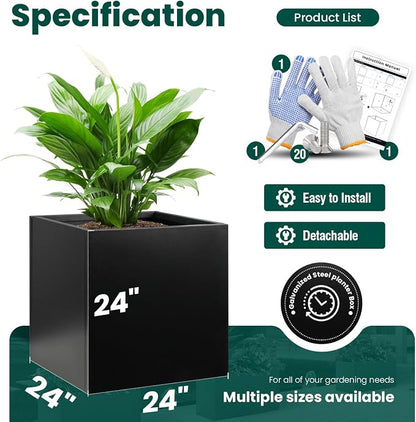 Galvanized Steel Planter Box Black Metal Planter 24Inch Large Square Indoor Outdoor Planters Cube Steel Heavy Duty Planter Powder Coating Modern Commercial Residential for Plants, Patio, Yard, Garden