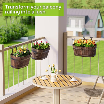 2PACK Railing Planter Box Wood Hanging Flower Pots for Railing Fence Outdoor Balcony Planters for Wall Window Flower Box Hanging Bucket Pots Countryside Plant Holder (Carbonized,2pcs,Large)
