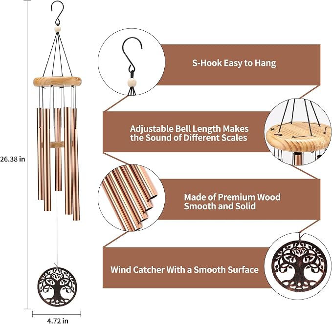 Solar Wind Chimes Outdoor with Glass and Copper (Circular Tree of Life)